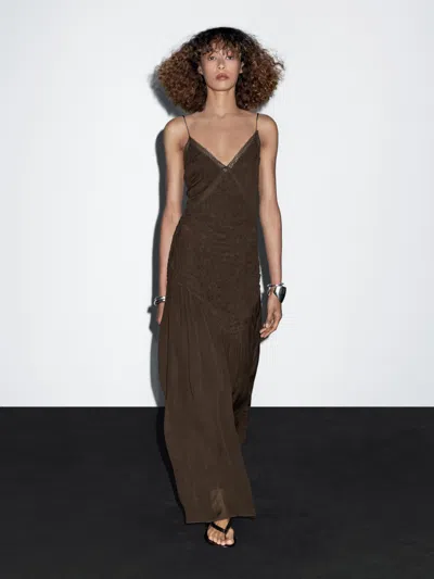 Massimo Dutti Long Slip Dress With Gathered Detail In Brown