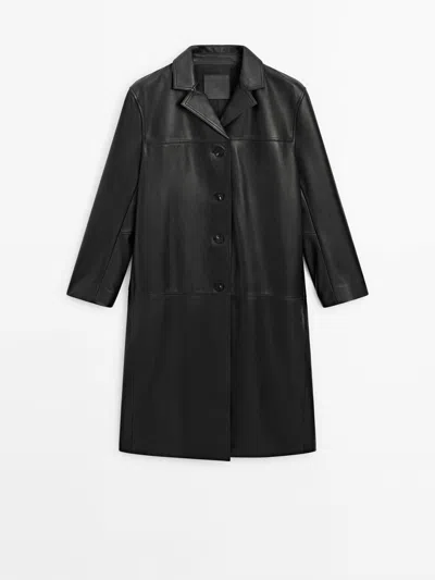 Massimo Dutti Long Straight Fit Nappa Leather Coat In Black