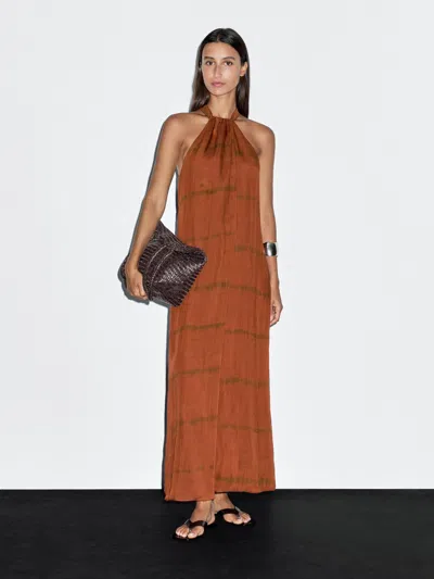 Massimo Dutti Long Striped Halter Dress In Brown