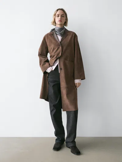 Massimo Dutti Long Suede Leather Coat In Brown