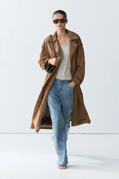 Massimo Dutti Long Suede Leather Trench Coat In Brown