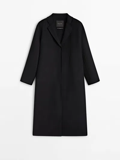 Massimo Dutti Long Wool Blend Coat With Strap At The Back In Black