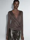 Massimo Dutti Lyocell And Wool Top With Surplice Neckline In Brown
