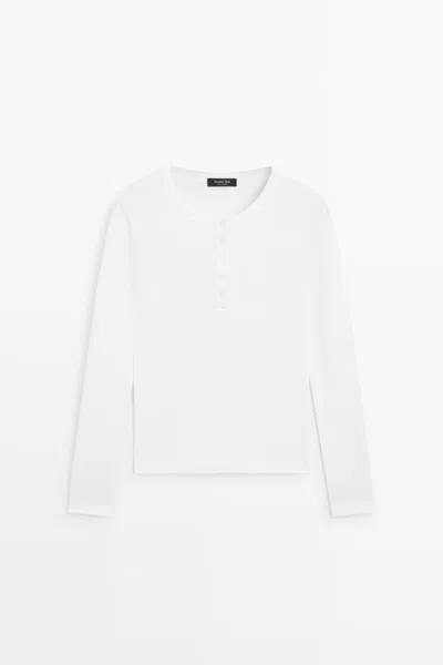Massimo Dutti Maglietta Collo A Serafino A Maniche Lunghe 100% Cotone In White