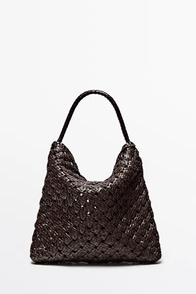 Massimo Dutti Medium Braided Nappa Leather Bag In Brown