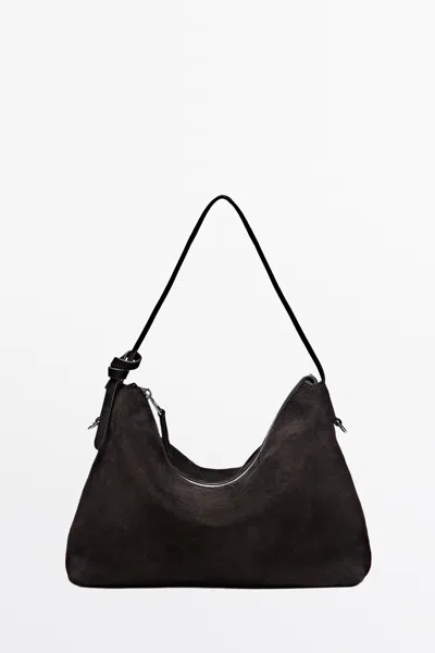 Massimo Dutti Borsa A Spalla Media In Pelle Scamosciata In Cioccolato
