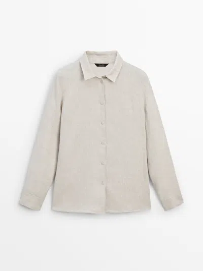 Massimo Dutti Melange 100% Linen Shirt In Stone