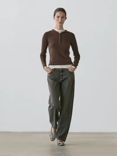 Massimo Dutti Melange Knit Polo Sweater With Collar Detail In Brown