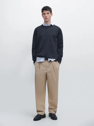 Massimo Dutti Merino Wool Crew Neck Knit Sweater In Black