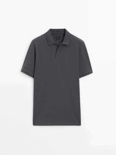 Massimo Dutti Microtextured Cotton Piqué Polo Shirt In Steel