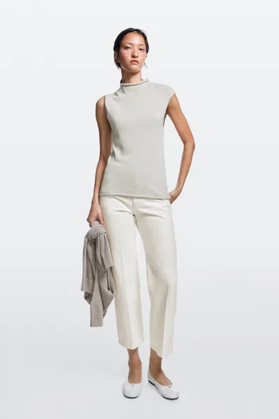 Massimo Dutti Jeans A Campana Cropped A Vita Media In Bianco Roto