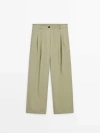 Massimo Dutti Mid-rise Wide-leg Technical Trousers In Pale Green