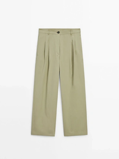 Massimo Dutti Mid-rise Wide-leg Technical Trousers In Pale Green