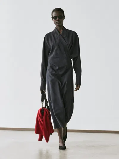 Massimo Dutti Midi Dress With Draped Detail In Gray