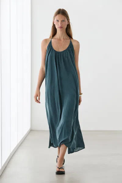 Massimo Dutti Midi Dress With Gathered Neckline In Green