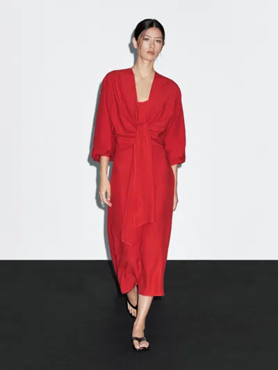 Massimo Dutti Midi Dress With Knotted Neckline In Red
