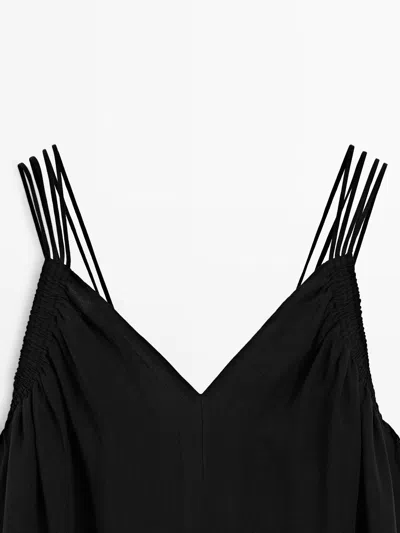 Massimo Dutti Midi Dress With Ramie Blend Straps In Black