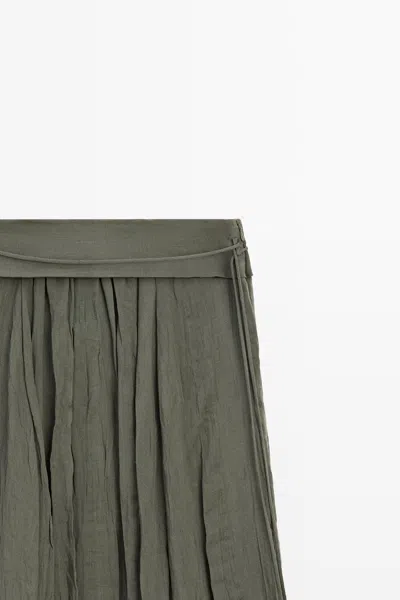 Massimo Dutti Midi Skirt With Gathered Detail And Ramie In Gray