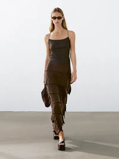 Massimo Dutti Midi Skirt With Ruffle Detail In Green