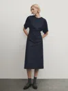 Massimo Dutti Midikleid Aus Wollgemisch Mit Raffung In Marineblau