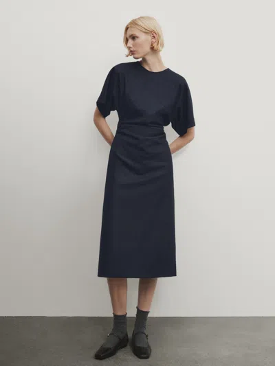 Massimo Dutti Midikleid Aus Wollgemisch Mit Raffung In Marineblau