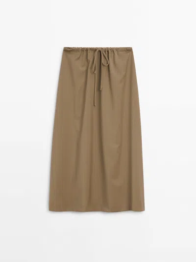 Massimo Dutti Drawstring Midi Skirt In Beige