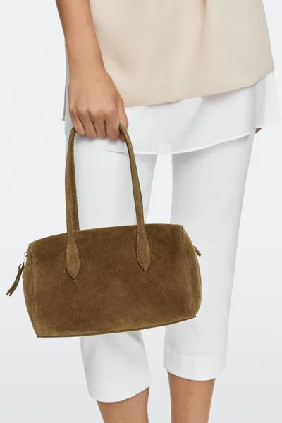 Massimo Dutti Mini Mala Satchel Em Pele Croute In Verde Cáqui