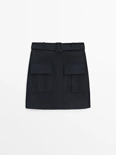 Massimo Dutti Pinstriped Mini Skirt With Pockets In Navy Blue