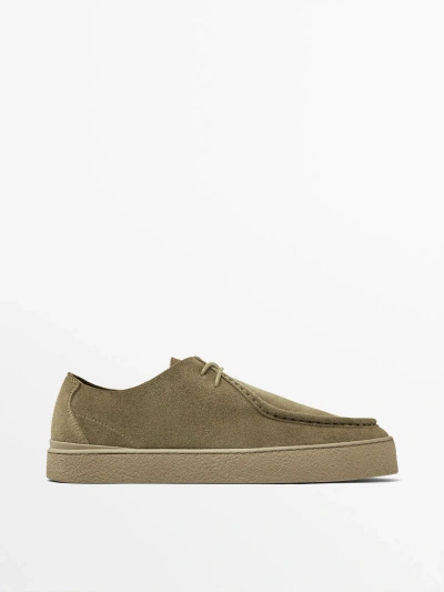 Massimo Dutti Moc Toe Split Suede Shoes In Khaki