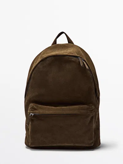 Massimo Dutti Mochila Con Cremallera De Piel Ante In Brown