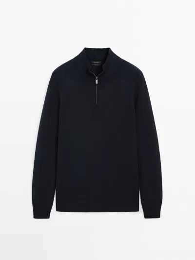 Massimo Dutti Mock Neck Knit Sweater With A Zip In Marineblau