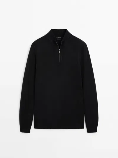 Massimo Dutti Mock Neck Knit Sweater With A Zip In Schwarz
