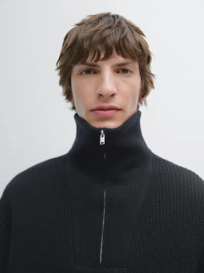 Massimo Dutti Mock Neck Knit Sweater With Zip In Black