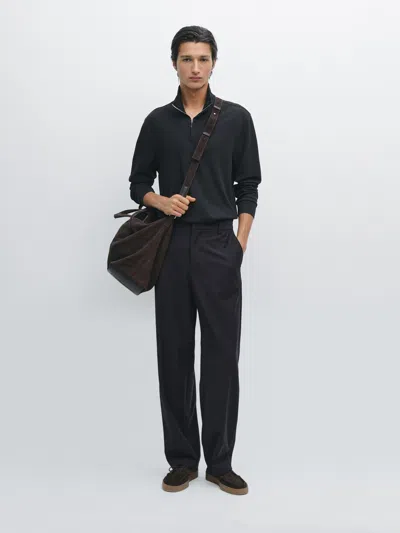 Massimo Dutti Mock Neck Quarter Zip Polo Shirt In Black