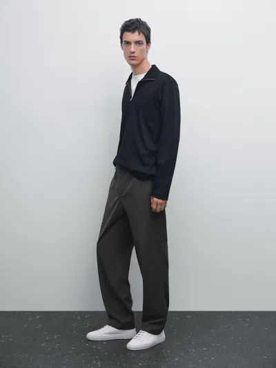 Massimo Dutti Mock Neck Quarter Zip Polo Shirt In Blue