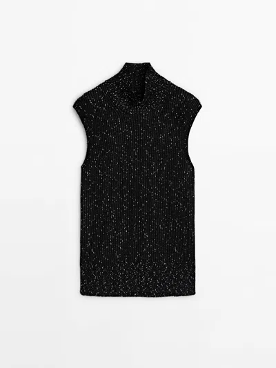 Massimo Dutti Moulin Knit High Neck Waistcoat In Schwarz