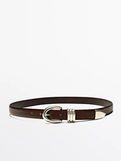 Massimo Dutti Nappa Leather Belt With Metallic Detail In Brown