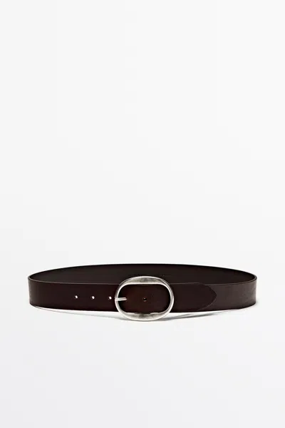 Massimo Dutti Nappa Leather Belt With Oval Buckle In Brown