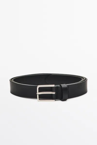 Massimo Dutti Nappa Leather Belt With Rectangular Buckle In Black