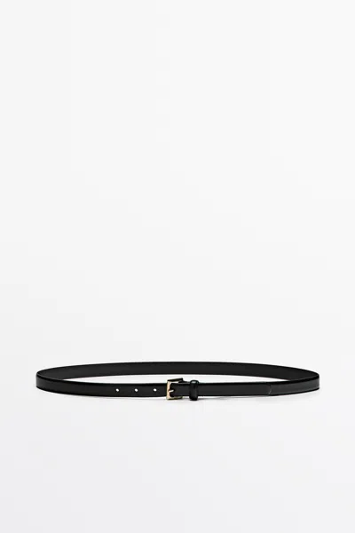 Massimo Dutti Nappa Leather Belt With Rectangular Buckle In Black