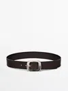 Massimo Dutti Nappa Leather Belt With Rectangular Buckle In Brown
