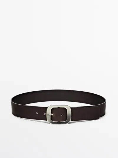 Massimo Dutti Nappa Leather Belt With Rectangular Buckle In Brown