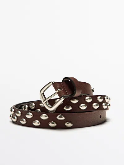 Massimo Dutti Nappa Leather Belt With Stud Details In Brown