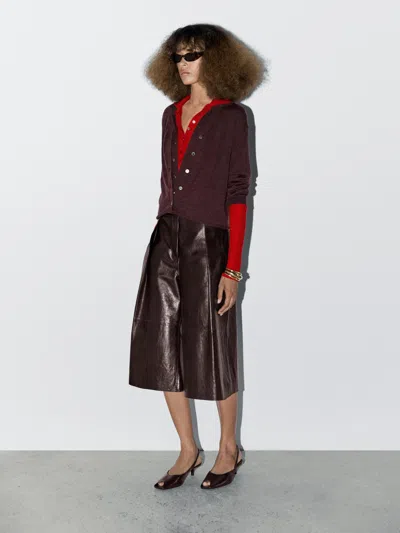 Massimo Dutti Nappa Leather Bermuda Shorts With Darts In Burgundy