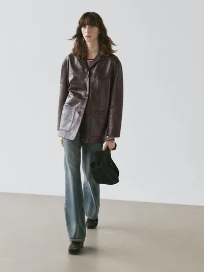 Massimo Dutti Nappa Leather Blazer With Buttons In Brown