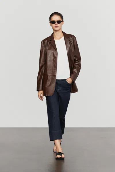 Massimo Dutti Nappa Leather Blazer With Pockets In Brown