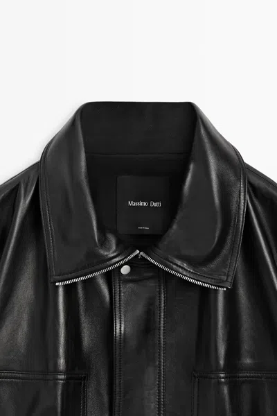 Massimo Dutti Nappa Leather Bomber Jacket In Black