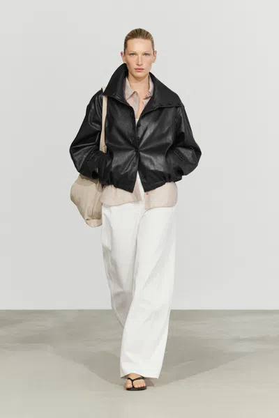 Massimo Dutti Nappa Leather Bomber Jacket With Button Detail In Black