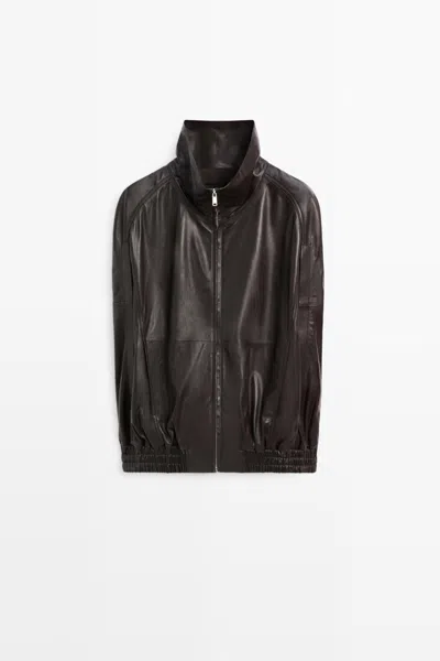 Massimo Dutti Nappa Leather Bomber Vest In Black