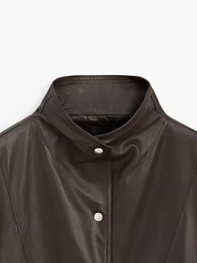 Massimo Dutti Nappa Leather Cape Parka With Pockets In Brown